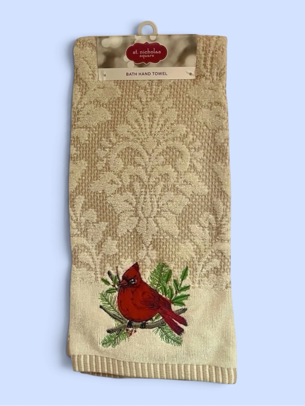 St. Nicholas Square Christmas Cardinal Holly Spruce Jacquard Hand Towel NWT